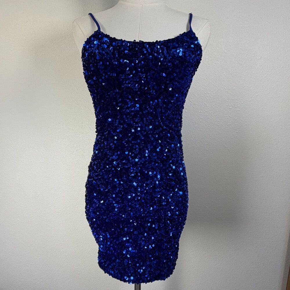 Lucy in the Sky Blue Sequin Bodycon Mini Dress Women's Small Spaghetti Strap Par